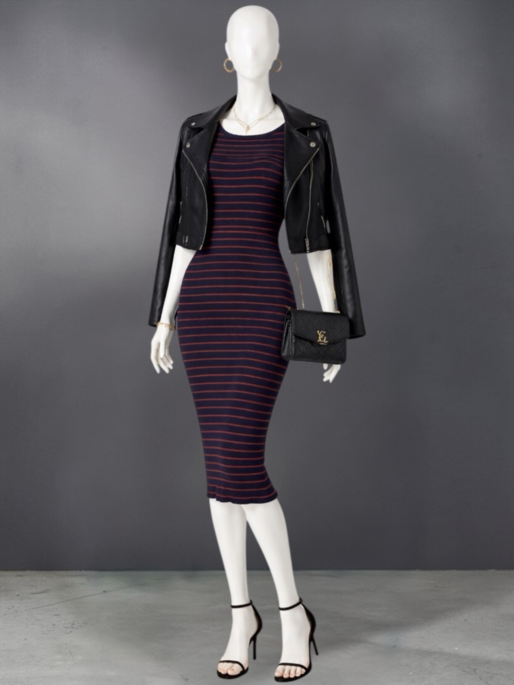 Forever 21 Navy & Rust Striped Midi Bodycon Dress